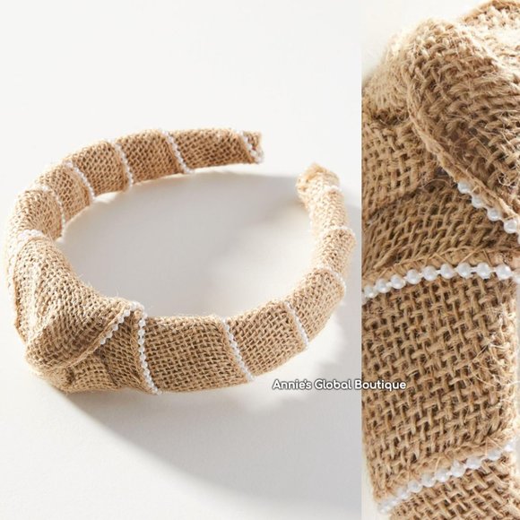 NWT, Anthropologie Woven Faux Pearl Embellished Jute Headband - Picture 3 of 10